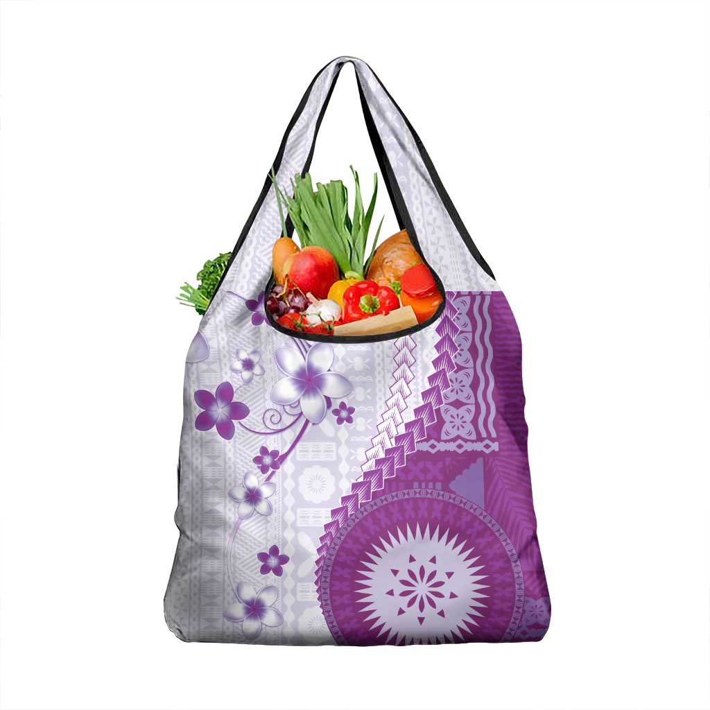 Bula Fiji Grocery Bag Violet Plumeria Masi Tapa Pattern - Polynesian Pride