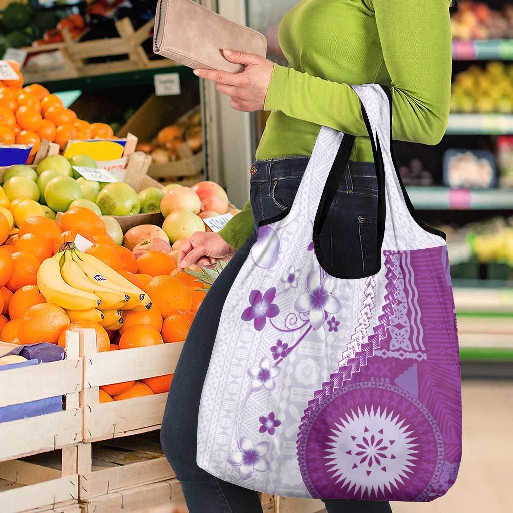 Bula Fiji Grocery Bag Violet Plumeria Masi Tapa Pattern - Polynesian Pride