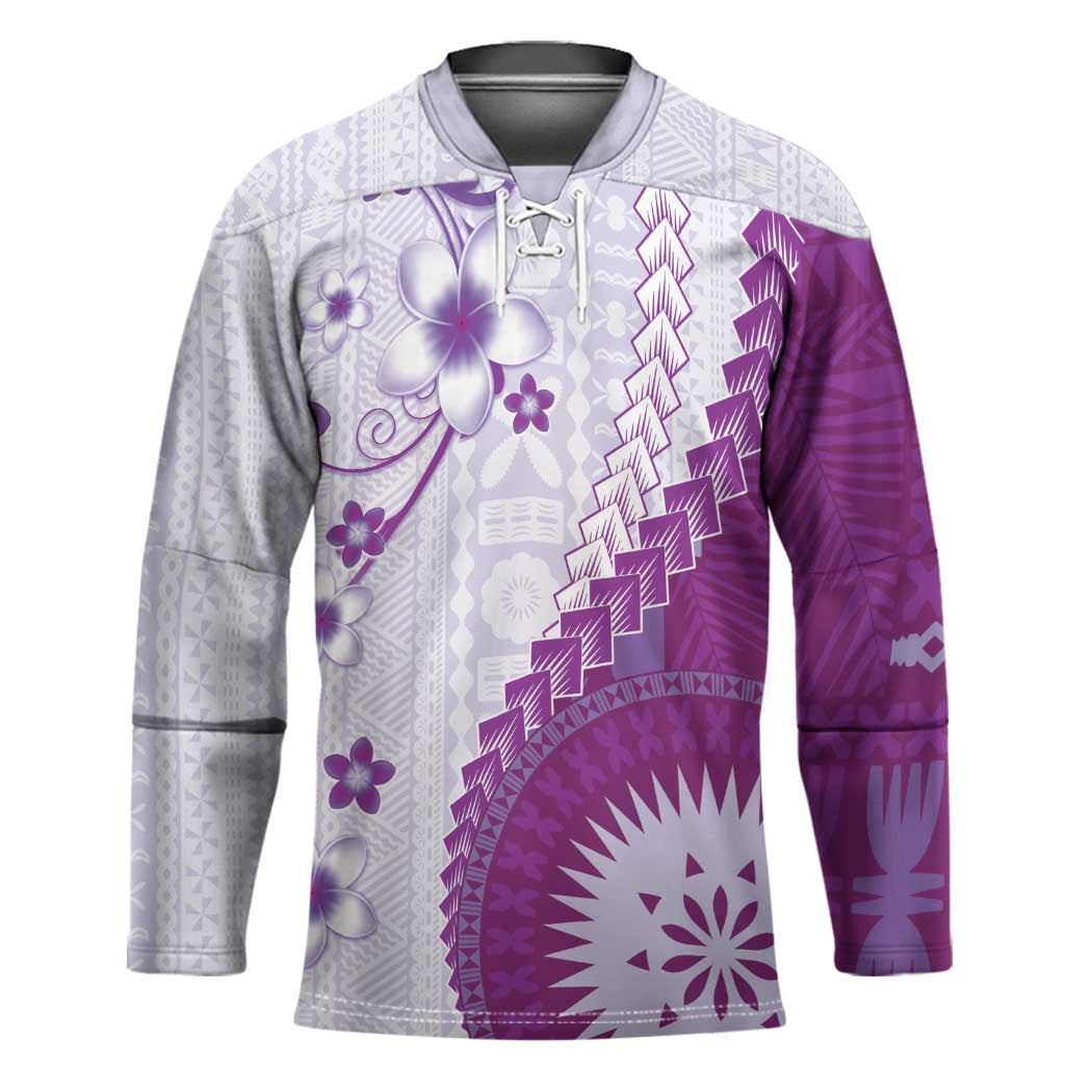 Bula Fiji Hockey Jersey Violet Plumeria Masi Tapa Pattern - Polynesian Pride