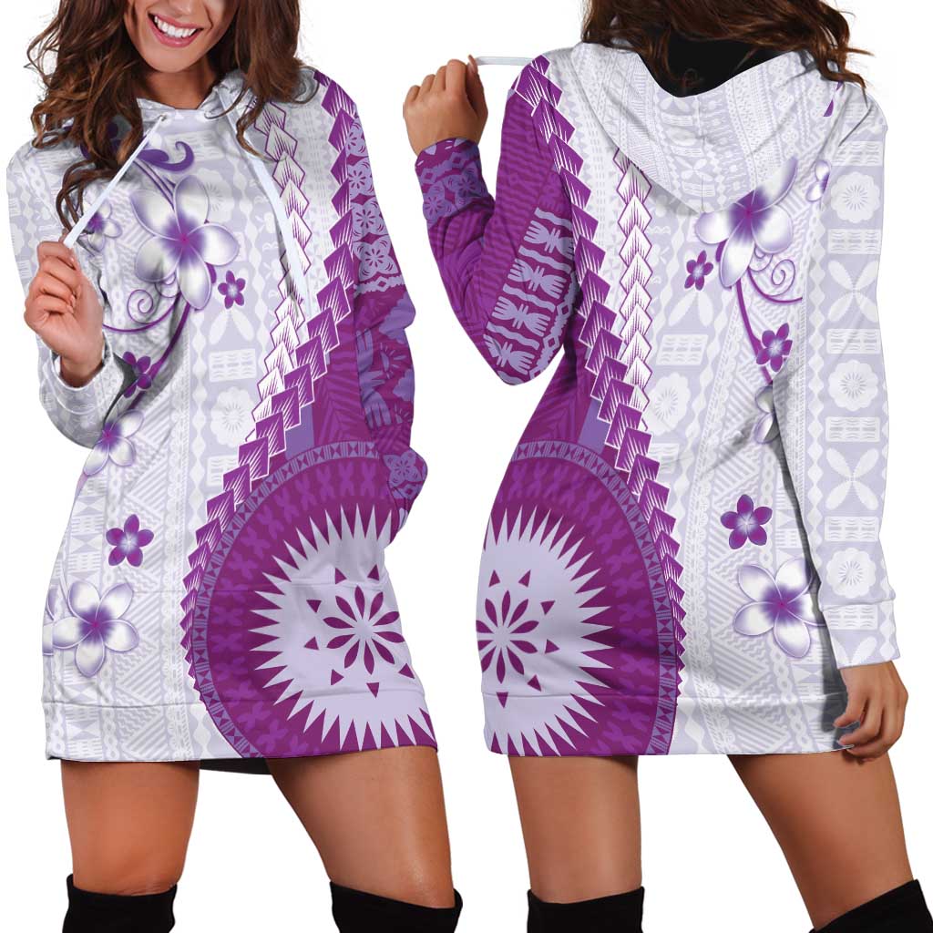 Bula Fiji Hoodie Dress Violet Plumeria Masi Tapa Pattern - Polynesian Pride