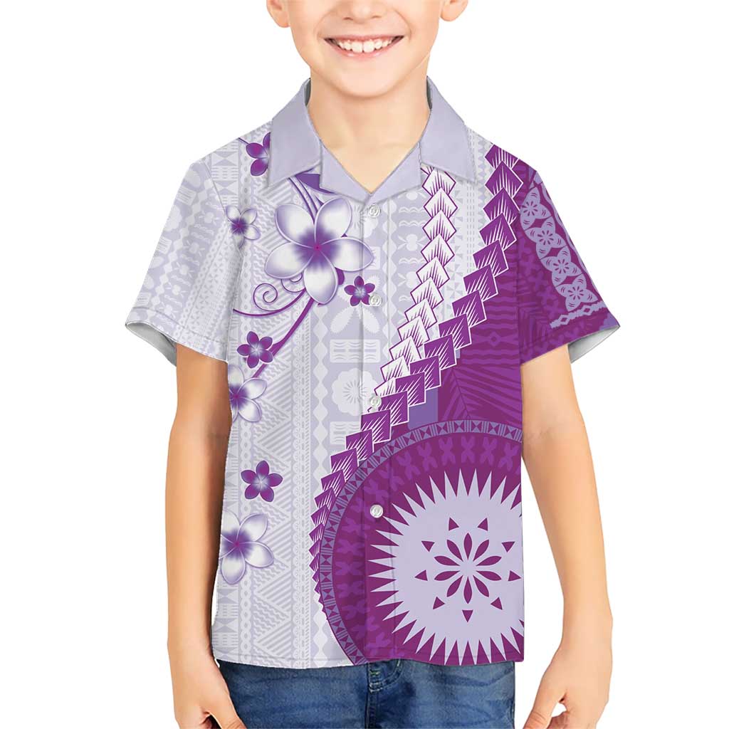 Bula Fiji Kid Hawaiian Shirt Violet Plumeria Masi Tapa Pattern - Polynesian Pride