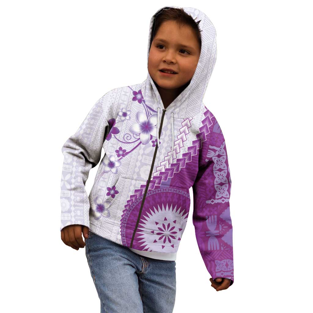 Bula Fiji Kid Hoodie Violet Plumeria Masi Tapa Pattern - Polynesian Pride
