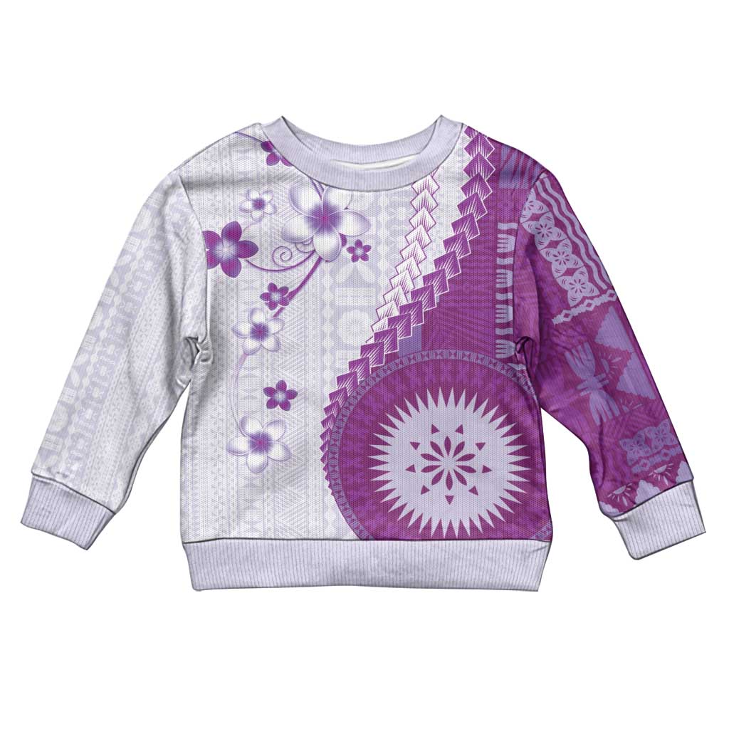 Bula Fiji Kid Ugly Christmas Sweater Violet Plumeria Masi Tapa Pattern - Polynesian Pride