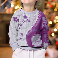 Bula Fiji Kid Ugly Christmas Sweater Violet Plumeria Masi Tapa Pattern - Polynesian Pride