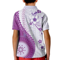 Bula Fiji Kid Polo Shirt Violet Plumeria Masi Tapa Pattern - Polynesian Pride