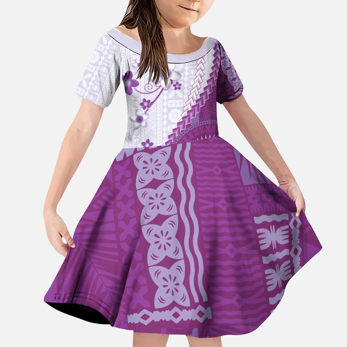 Bula Fiji Kid Short Sleeve Dress Violet Plumeria Masi Tapa Pattern - Polynesian Pride
