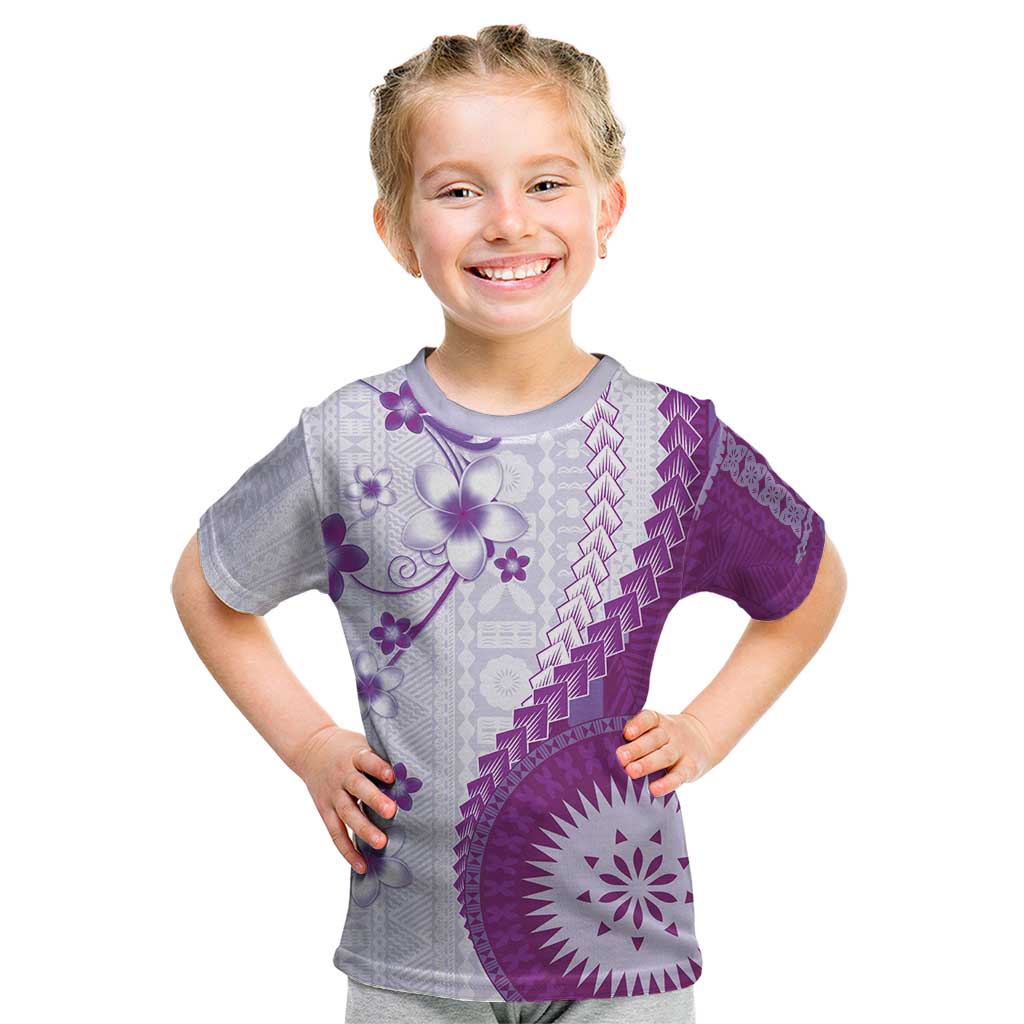 Bula Fiji Kid T Shirt Violet Plumeria Masi Tapa Pattern - Polynesian Pride