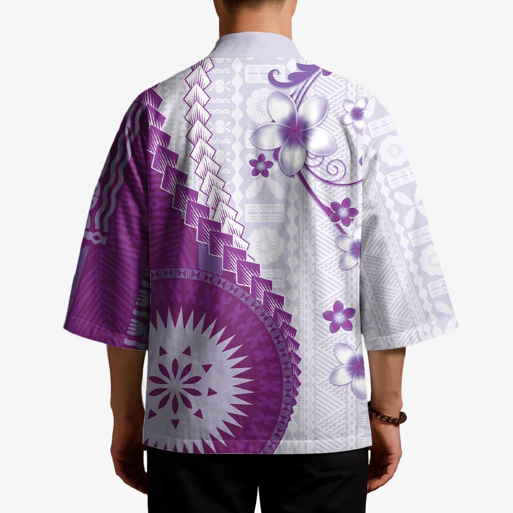 Bula Fiji Kimono Violet Plumeria Masi Tapa Pattern - Polynesian Pride