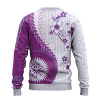 Bula Fiji Ugly Christmas Sweater Violet Plumeria Masi Tapa Pattern - Polynesian Pride