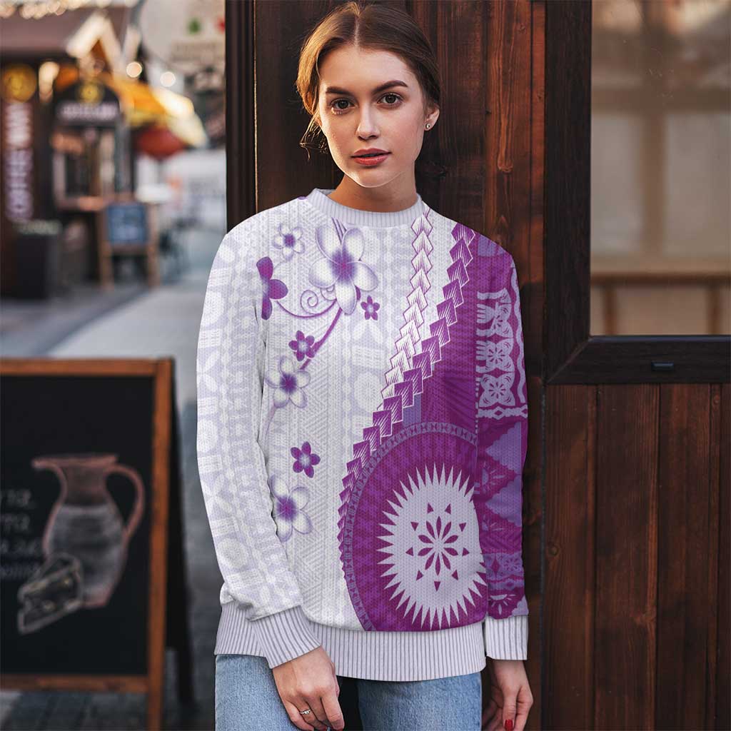 Bula Fiji Ugly Christmas Sweater Violet Plumeria Masi Tapa Pattern - Polynesian Pride