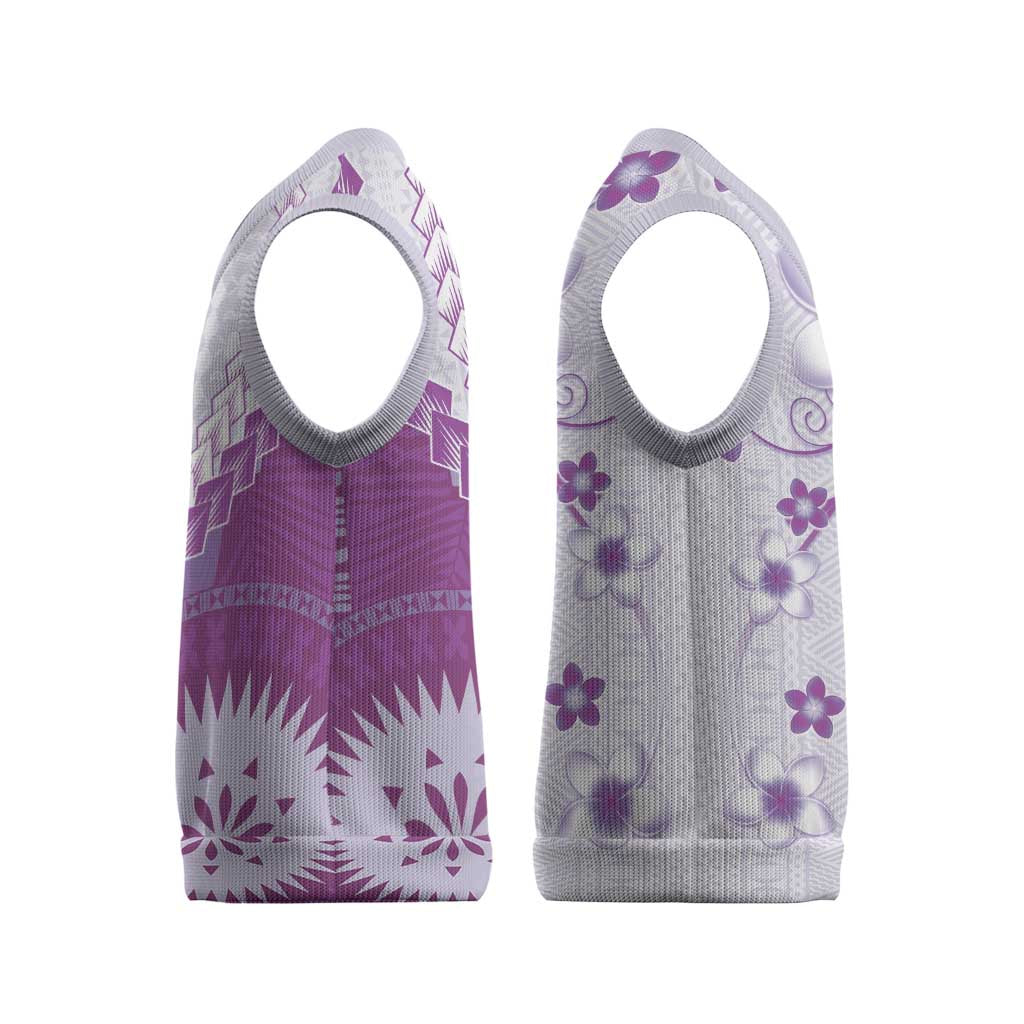 Bula Fiji Christmas Knitted V-Neck Vest Violet Plumeria Masi Tapa Pattern - Polynesian Pride