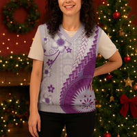 Bula Fiji Christmas Knitted V-Neck Vest Violet Plumeria Masi Tapa Pattern - Polynesian Pride