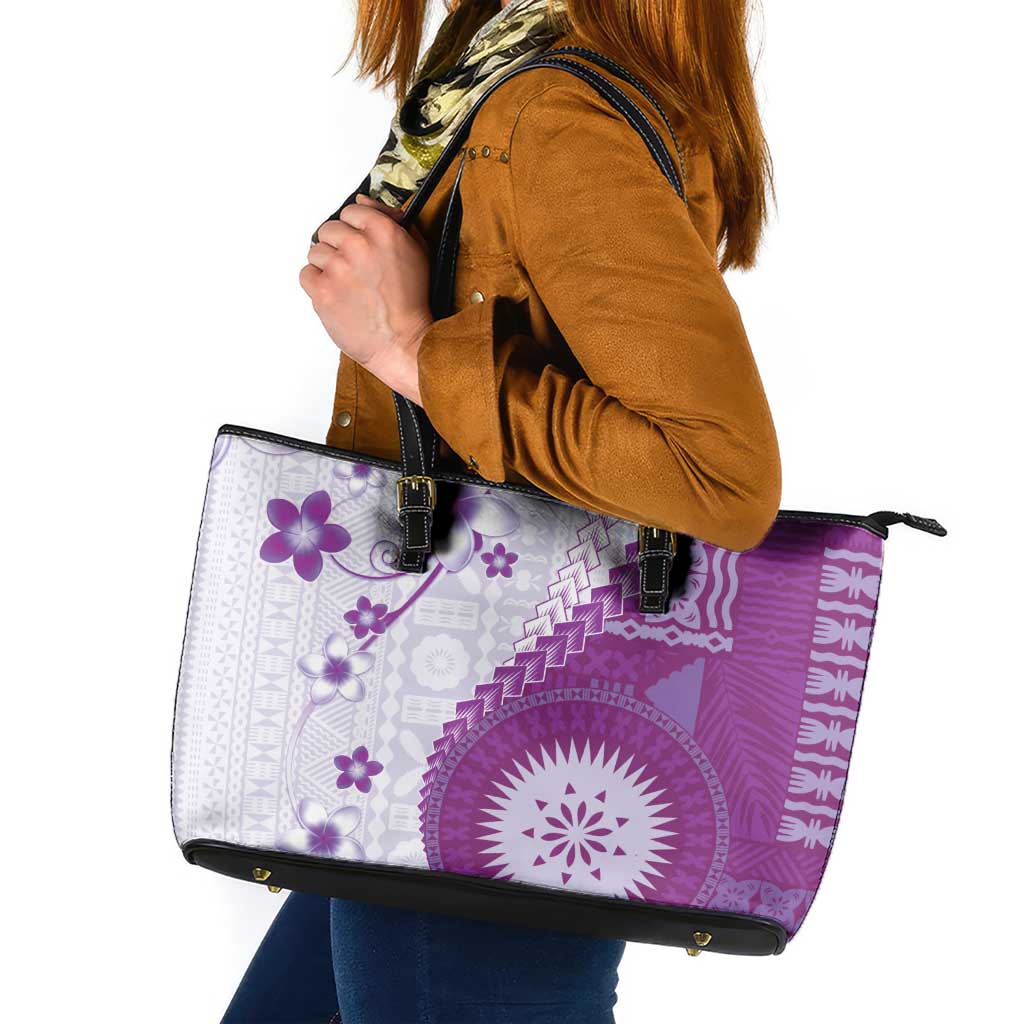 Bula Fiji Leather Tote Bag Violet Plumeria Masi Tapa Pattern LT05 Violet - Polynesian Pride