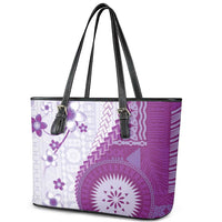 Bula Fiji Leather Tote Bag Violet Plumeria Masi Tapa Pattern LT05 - Polynesian Pride