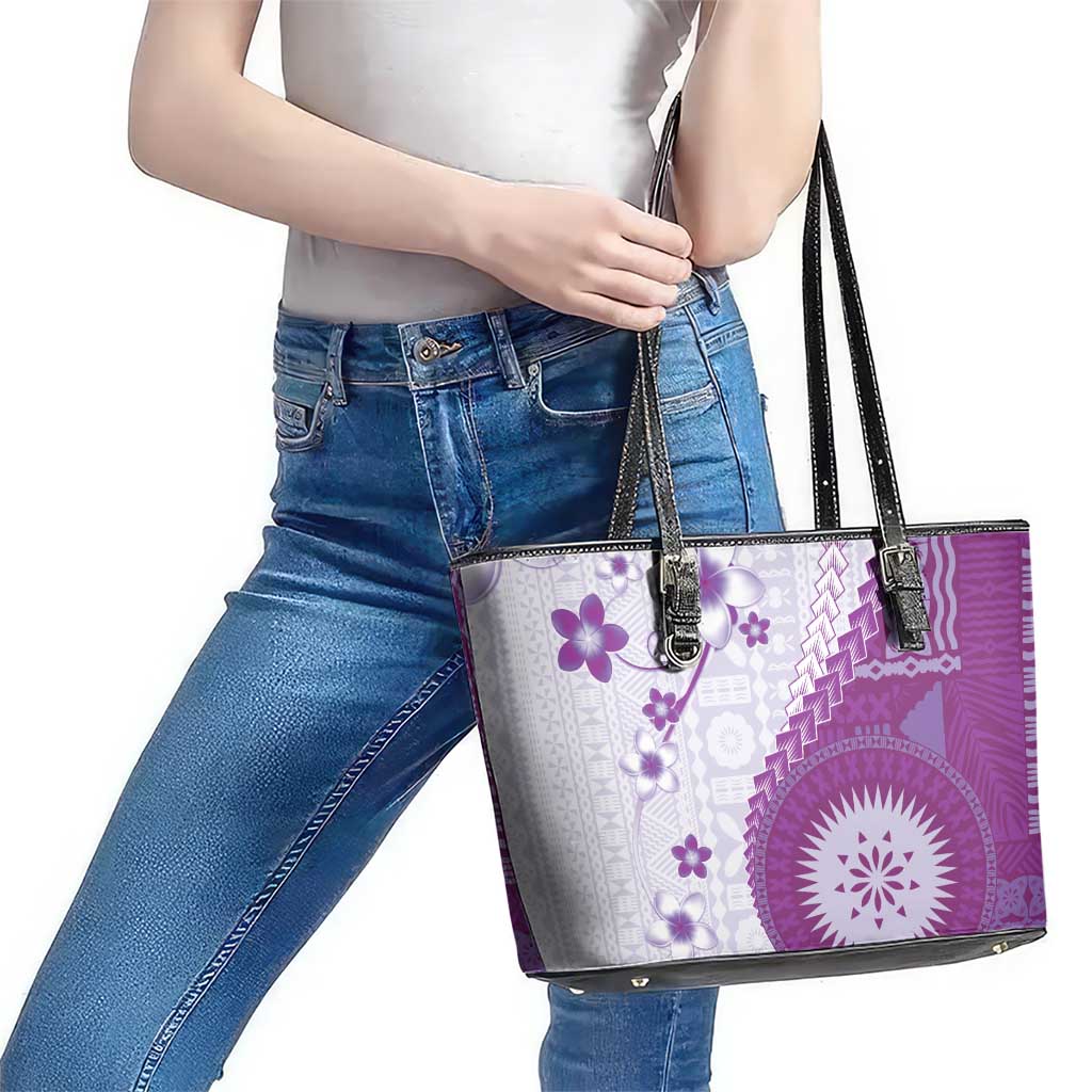 Bula Fiji Leather Tote Bag Violet Plumeria Masi Tapa Pattern LT05 - Polynesian Pride