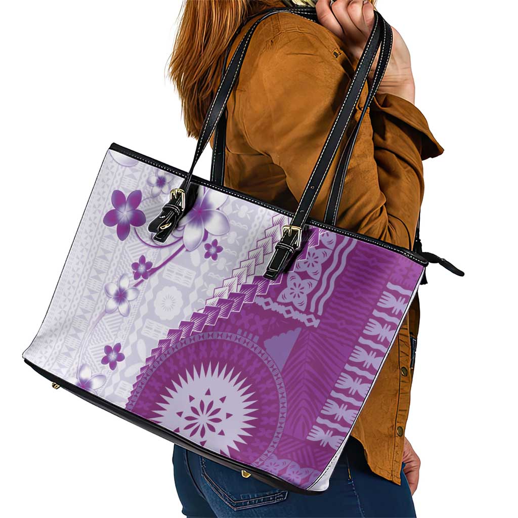 Bula Fiji Leather Tote Bag Violet Plumeria Masi Tapa Pattern LT05 - Polynesian Pride