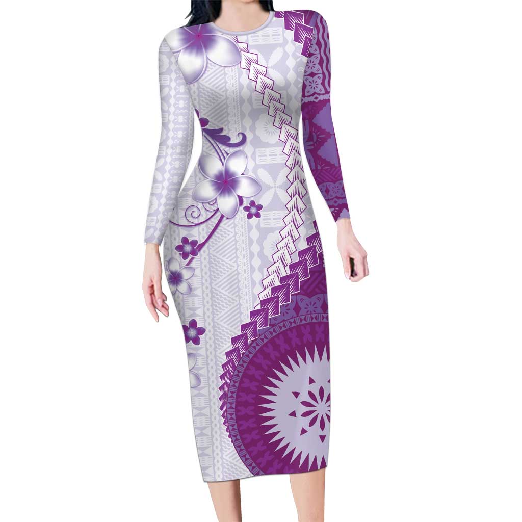 Bula Fiji Long Sleeve Bodycon Dress Violet Plumeria Masi Tapa Pattern - Polynesian Pride