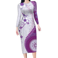 Bula Fiji Long Sleeve Bodycon Dress Violet Plumeria Masi Tapa Pattern - Polynesian Pride
