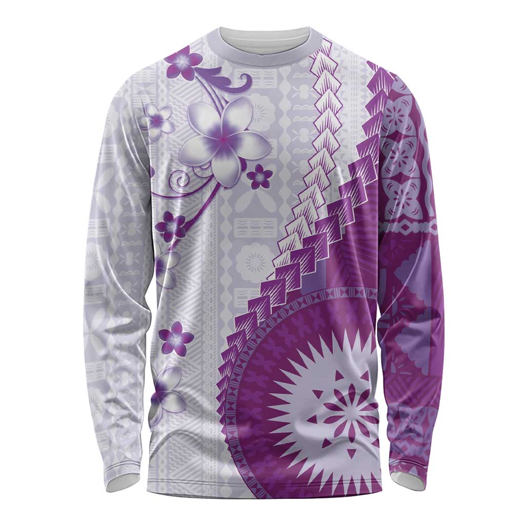 Bula Fiji Long Sleeve Shirt Violet Plumeria Masi Tapa Pattern - Polynesian Pride