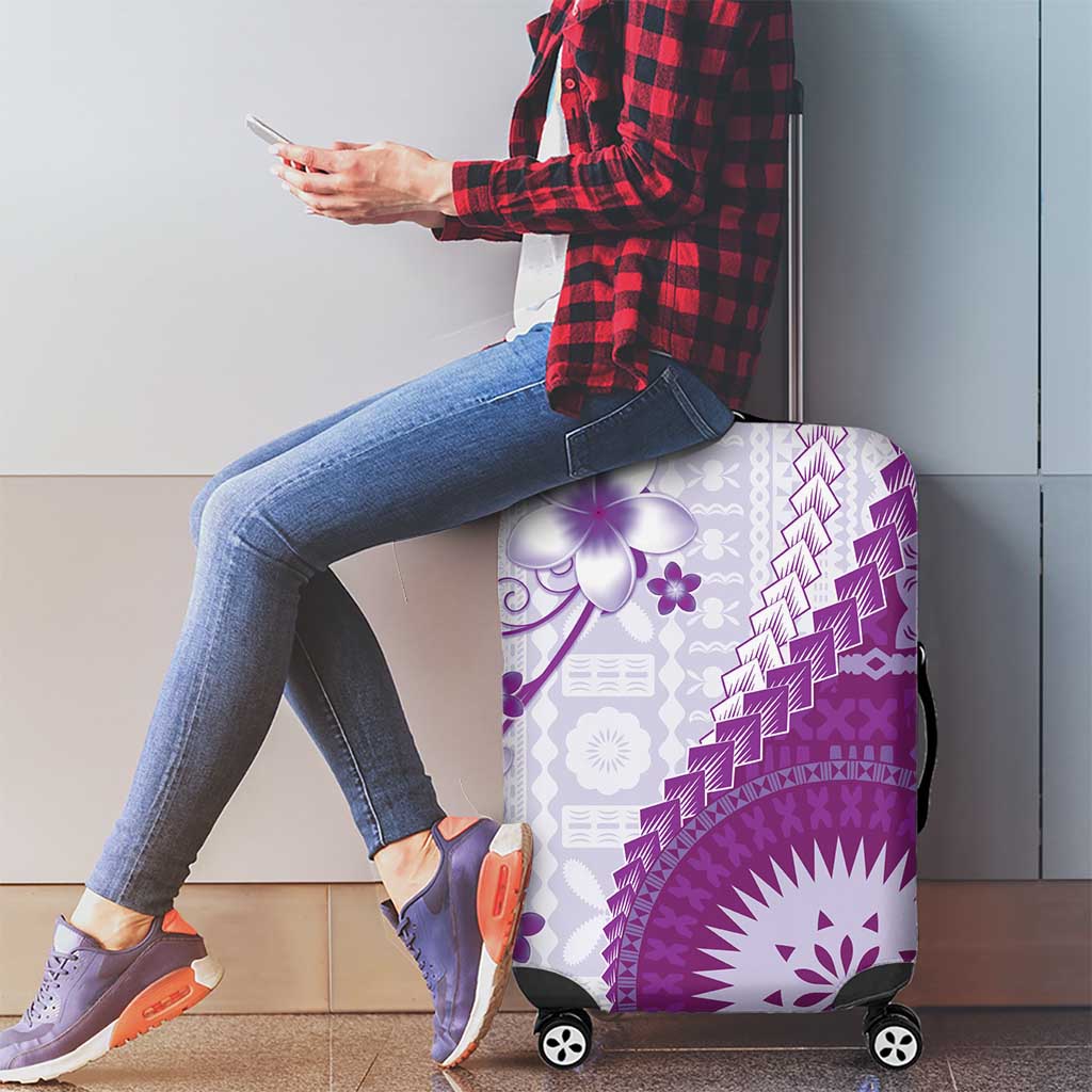Bula Fiji Luggage Cover Violet Plumeria Masi Tapa Pattern - Polynesian Pride