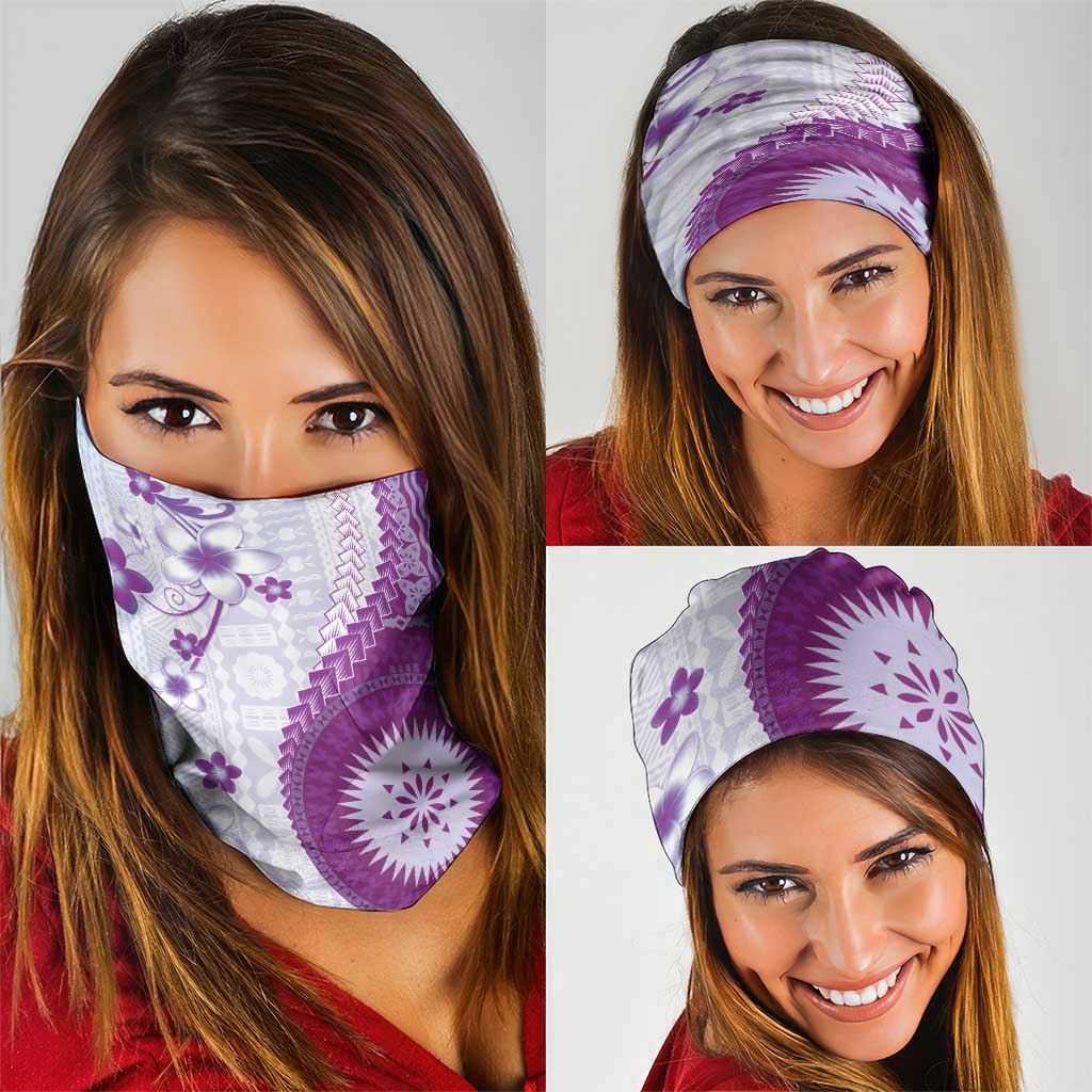 Bula Fiji Neck Gaiter Violet Plumeria Masi Tapa Pattern - Polynesian Pride
