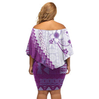 Bula Fiji Off Shoulder Short Dress Violet Plumeria Masi Tapa Pattern LT05 - Polynesian Pride