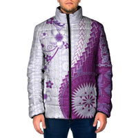 Bula Fiji Padded Jacket Violet Plumeria Masi Tapa Pattern - Polynesian Pride