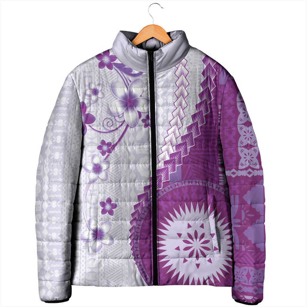 Bula Fiji Padded Jacket Violet Plumeria Masi Tapa Pattern - Polynesian Pride