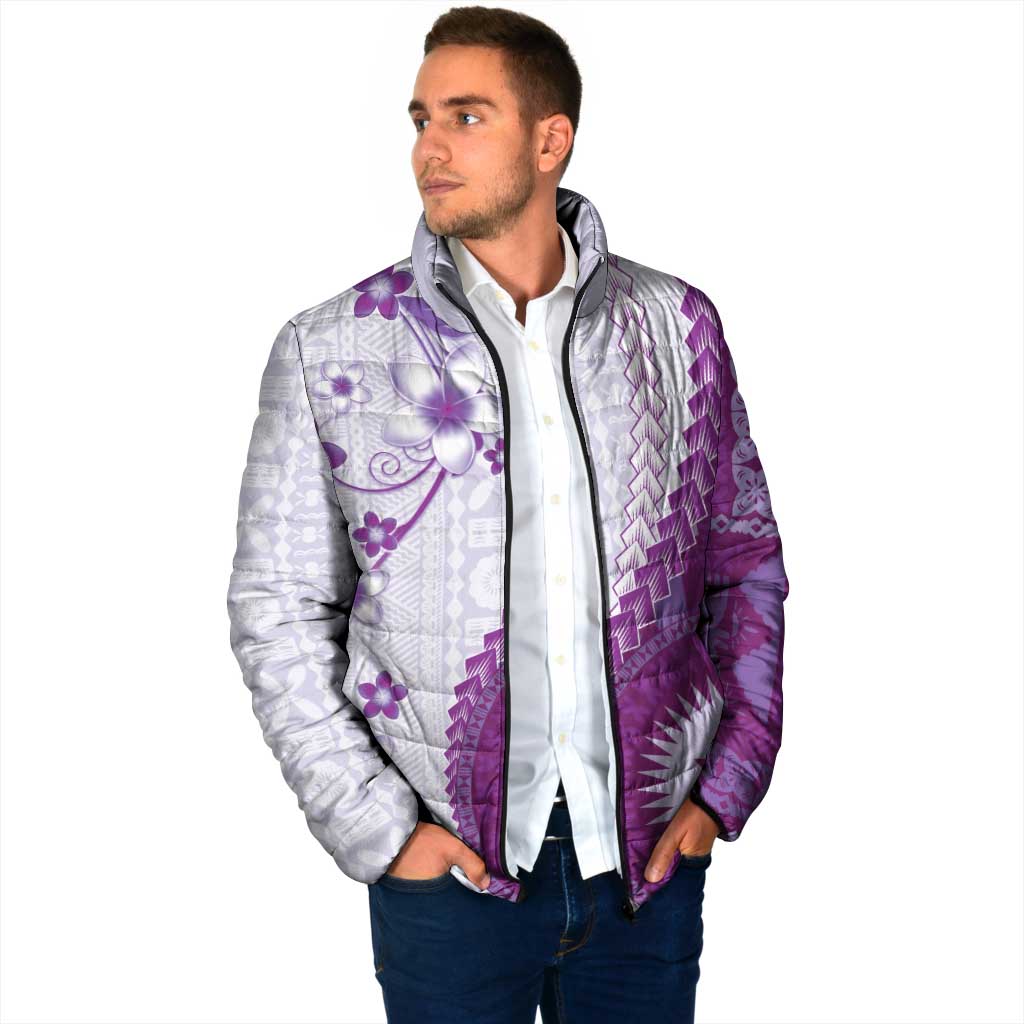 Bula Fiji Padded Jacket Violet Plumeria Masi Tapa Pattern - Polynesian Pride