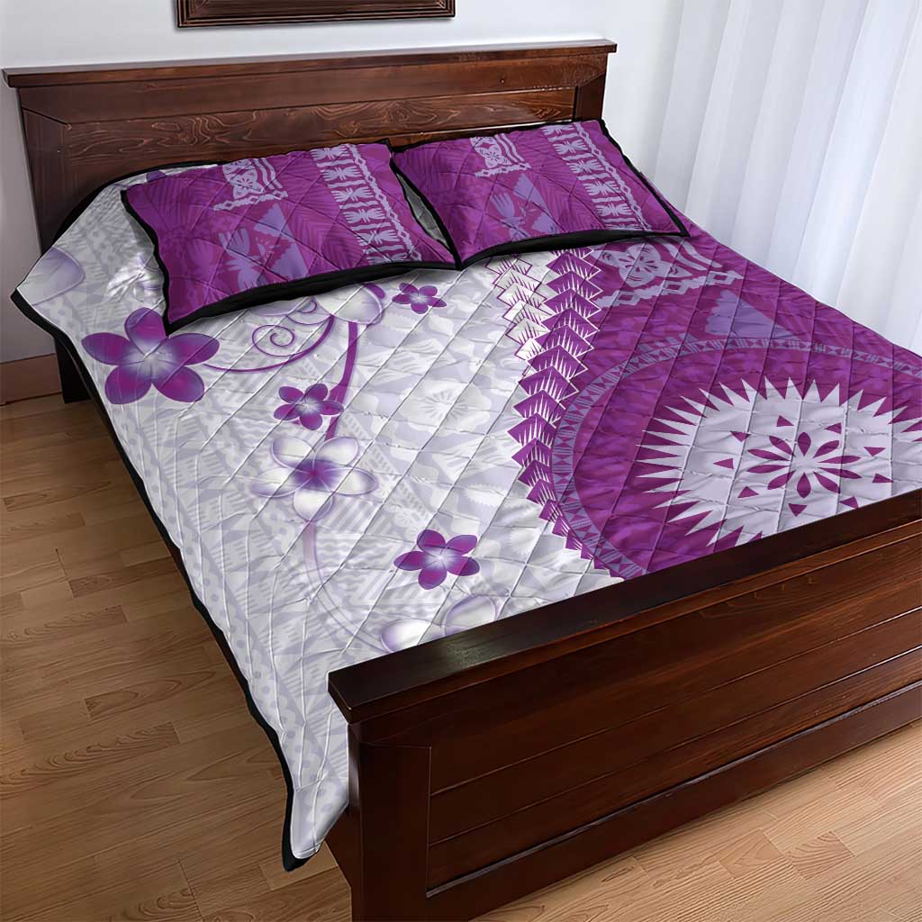 Bula Fiji Quilt Bed Set Violet Plumeria Masi Tapa Pattern - Polynesian Pride