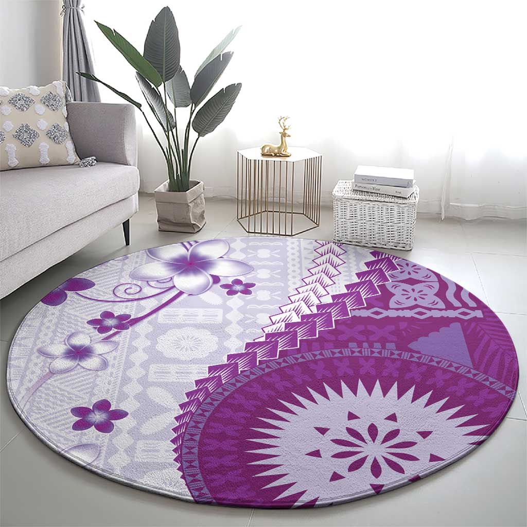 Bula Fiji Round Carpet Violet Plumeria Masi Tapa Pattern - Polynesian Pride