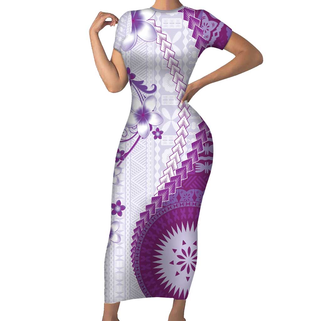 Bula Fiji Short Sleeve Bodycon Dress Violet Plumeria Masi Tapa Pattern LT05 Long Dress Violet - Polynesian Pride