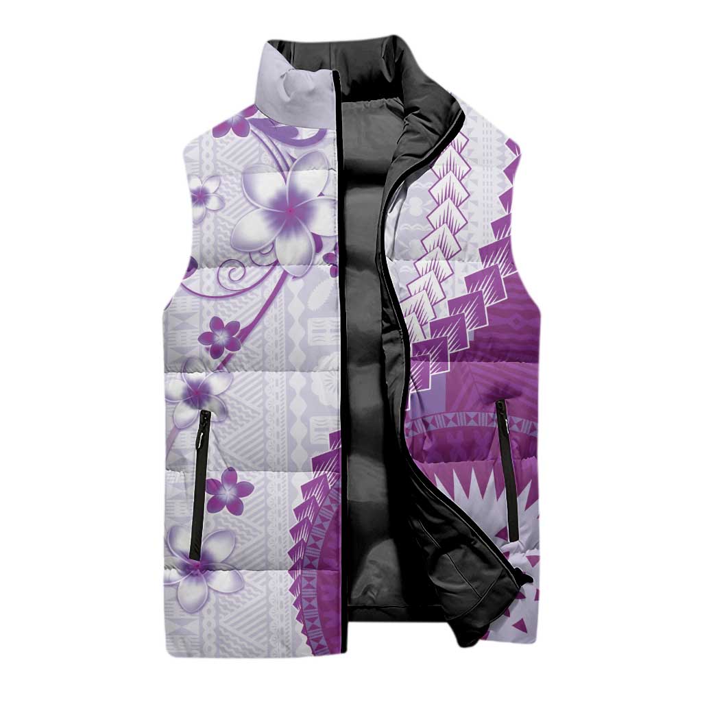 Bula Fiji Sleeveless Puffer Jacket Violet Plumeria Masi Tapa Pattern - Polynesian Pride