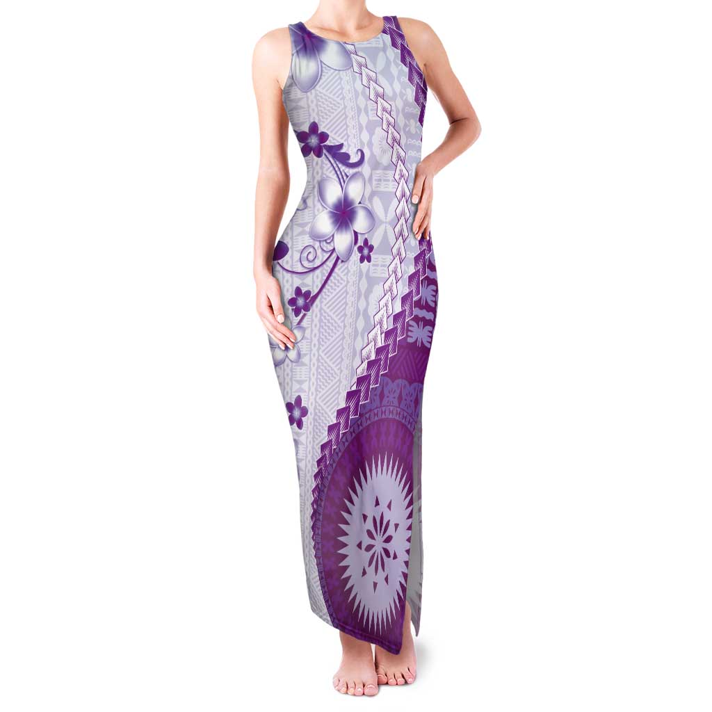 Bula Fiji Tank Maxi Dress Violet Plumeria Masi Tapa Pattern - Polynesian Pride