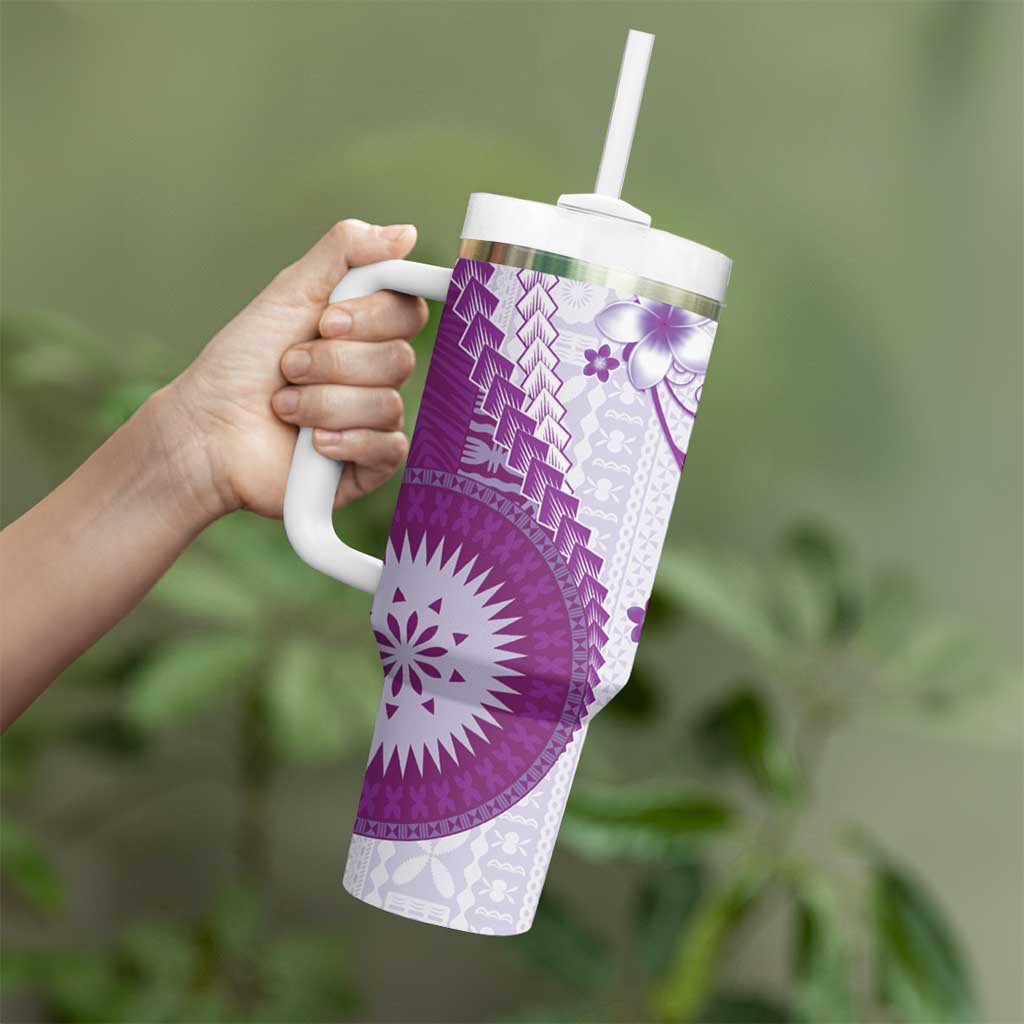 Bula Fiji Tumbler With Handle Violet Plumeria Masi Tapa Pattern - Polynesian Pride