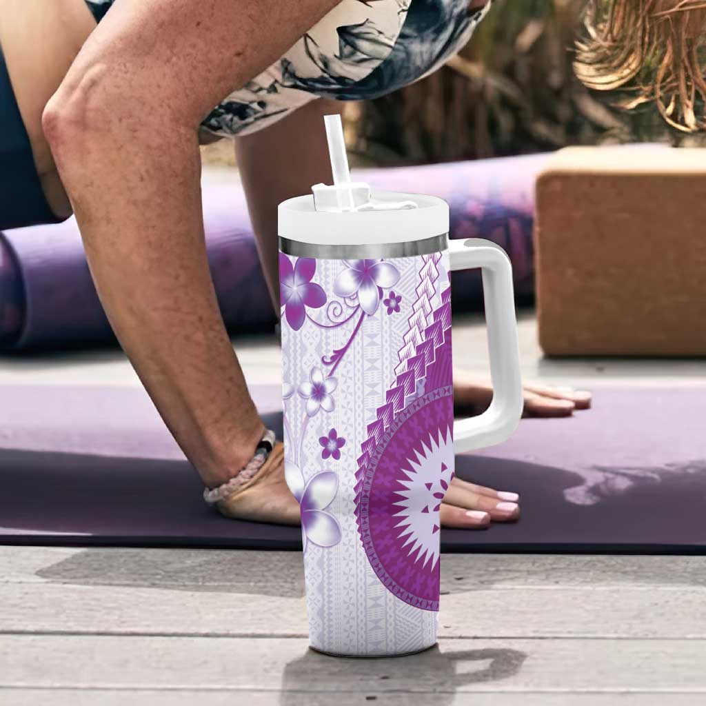 Bula Fiji Tumbler With Handle Violet Plumeria Masi Tapa Pattern - Polynesian Pride