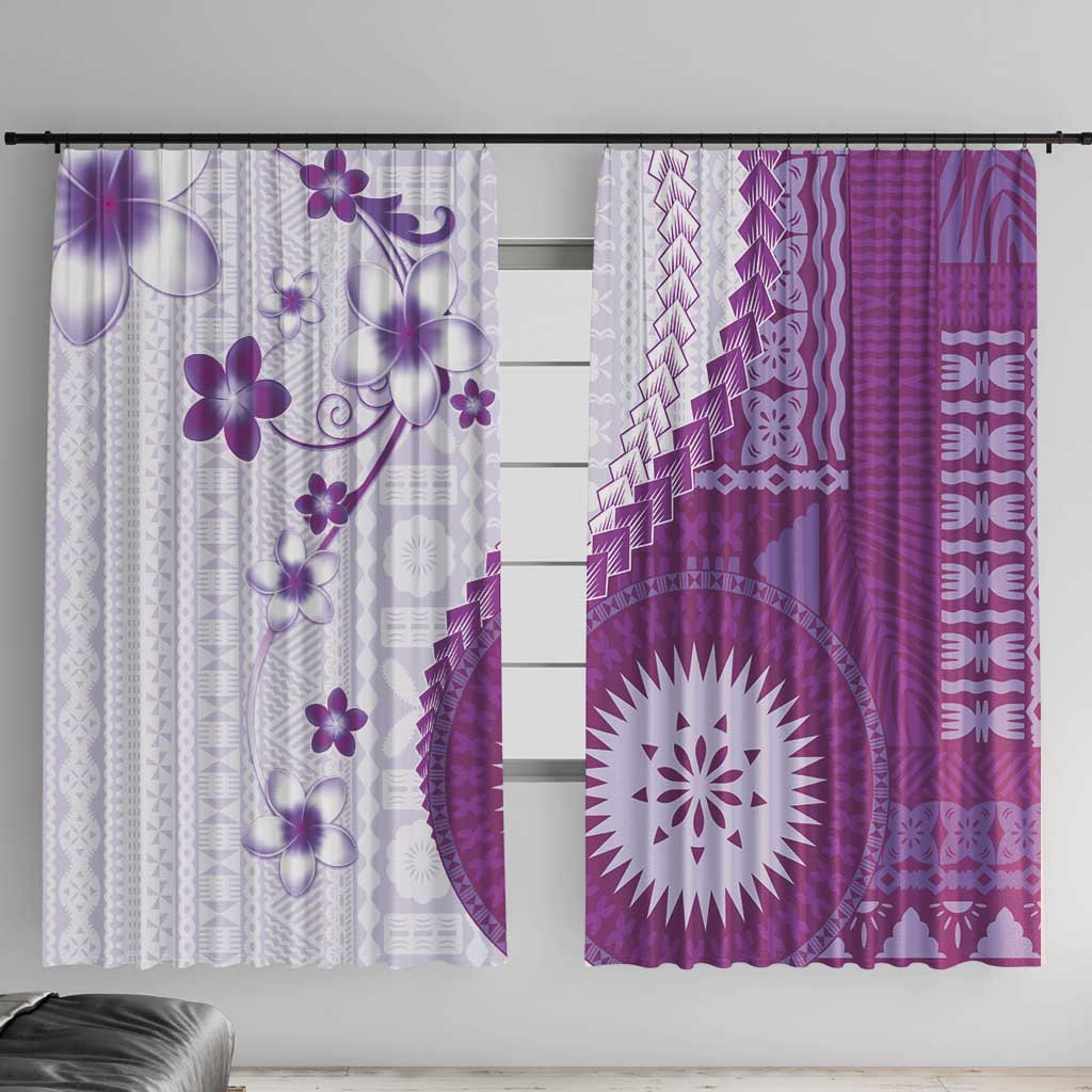 Bula Fiji Window Curtain Violet Plumeria Masi Tapa Pattern - Polynesian Pride