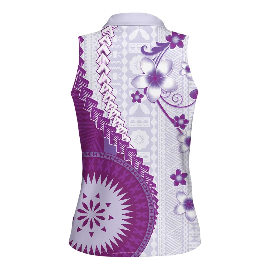 Bula Fiji Women Sleeveless Polo Shirt Violet Plumeria Masi Tapa Pattern - Polynesian Pride