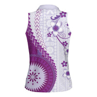 Bula Fiji Women Sleeveless Polo Shirt Violet Plumeria Masi Tapa Pattern - Polynesian Pride