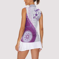 Bula Fiji Women Sleeveless Polo Shirt Violet Plumeria Masi Tapa Pattern - Polynesian Pride