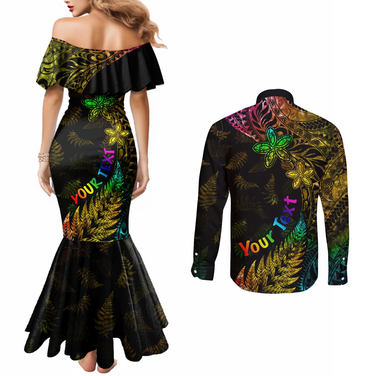 Personalised New Zealand Wellington Pride Couples Matching Mermaid Dress and Long Sleeve Button Shirt Rainbow Silver Fern Paua Shell LT05 - Polynesian Pride