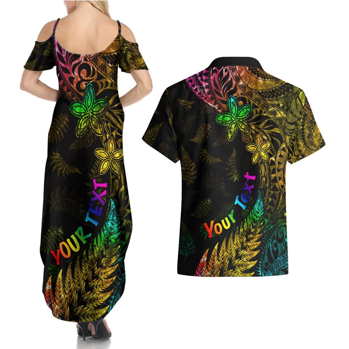 Personalised New Zealand Wellington Pride Couples Matching Summer Maxi Dress and Hawaiian Shirt Rainbow Silver Fern Paua Shell LT05 - Polynesian Pride