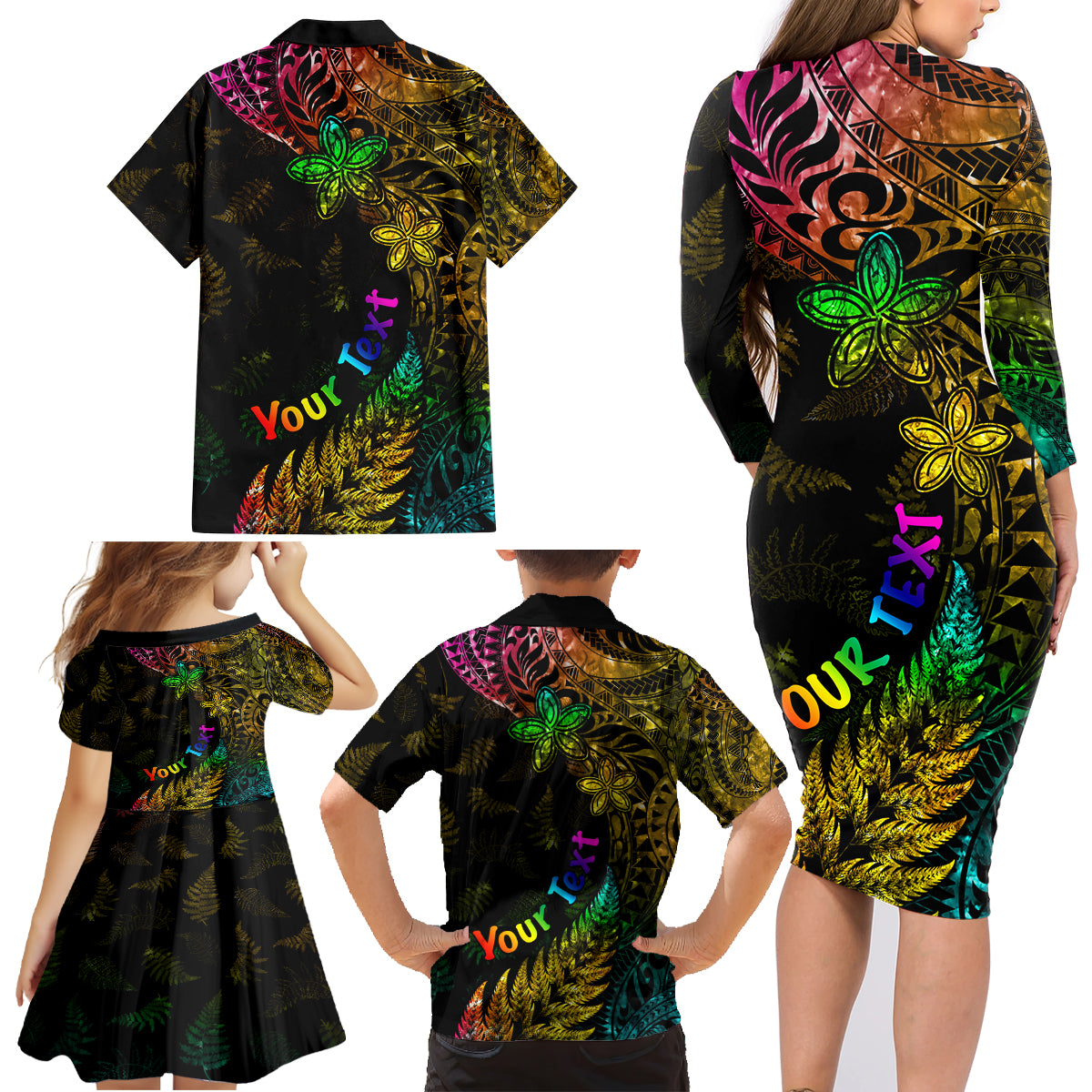 Personalised New Zealand Wellington Pride Family Matching Long Sleeve Bodycon Dress and Hawaiian Shirt Rainbow Silver Fern Paua Shell LT05 - Polynesian Pride