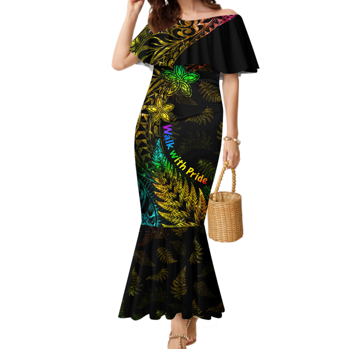 Personalised New Zealand Wellington Pride Family Matching Mermaid Dress and Hawaiian Shirt Rainbow Silver Fern Paua Shell LT05 Mom's Dress Black - Polynesian Pride