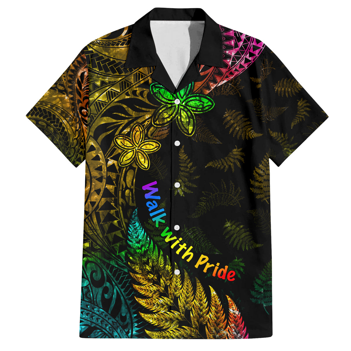 Personalised New Zealand Wellington Pride Family Matching Off Shoulder Long Sleeve Dress and Hawaiian Shirt Rainbow Silver Fern Paua Shell LT05 Dad's Shirt - Short Sleeve Black - Polynesian Pride