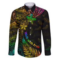 Personalised New Zealand Wellington Pride Family Matching Puletasi and Hawaiian Shirt Rainbow Silver Fern Paua Shell LT05 Dad's Shirt - Long Sleeve Black - Polynesian Pride