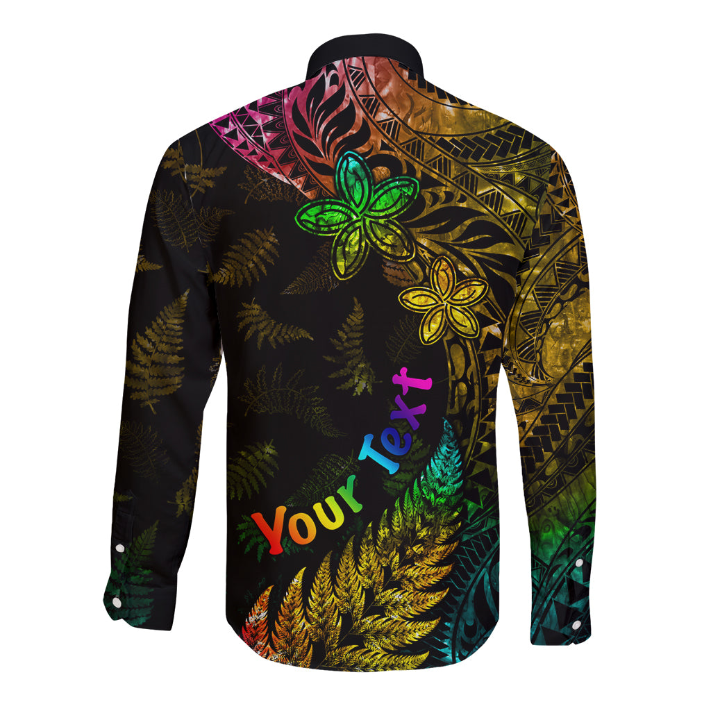 Personalised New Zealand Wellington Pride Long Sleeve Button Shirt Rainbow Silver Fern Paua Shell LT05 - Polynesian Pride