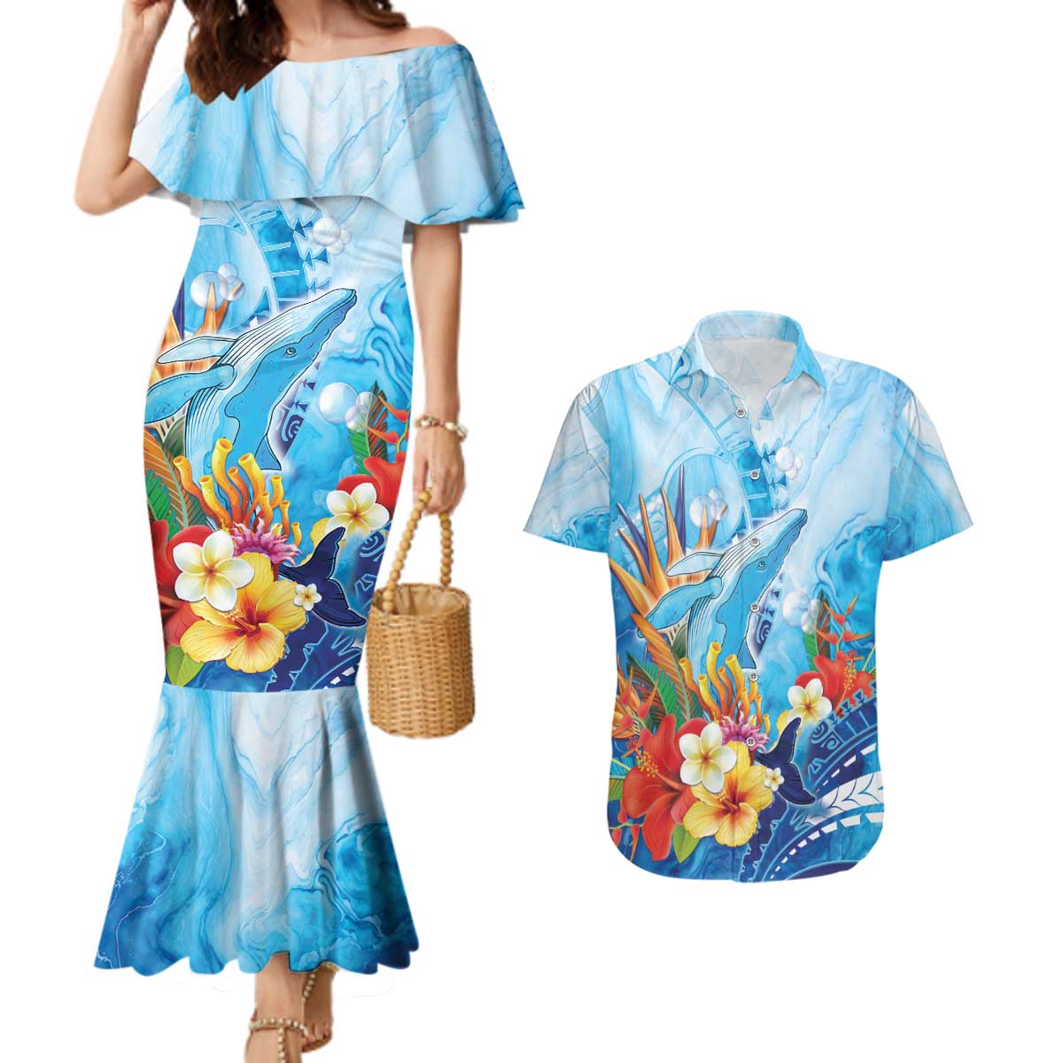 Polynesia Humpback Whale Couples Matching Mermaid Dress and Hawaiian Shirt Ocean Style