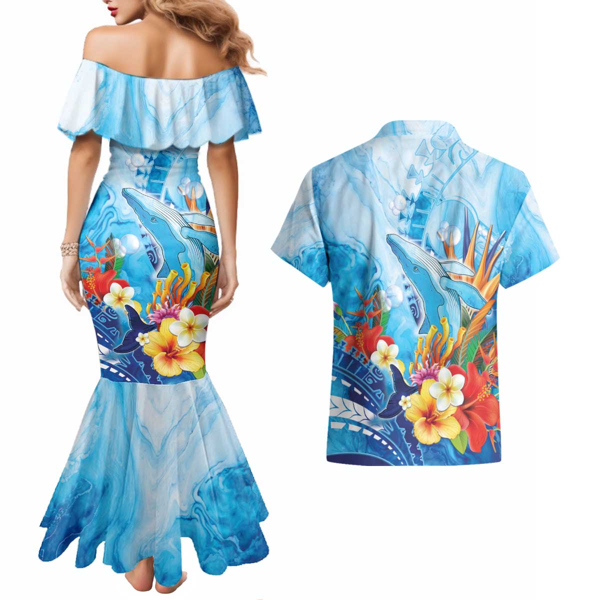 Polynesia Humpback Whale Couples Matching Mermaid Dress and Hawaiian Shirt Ocean Style