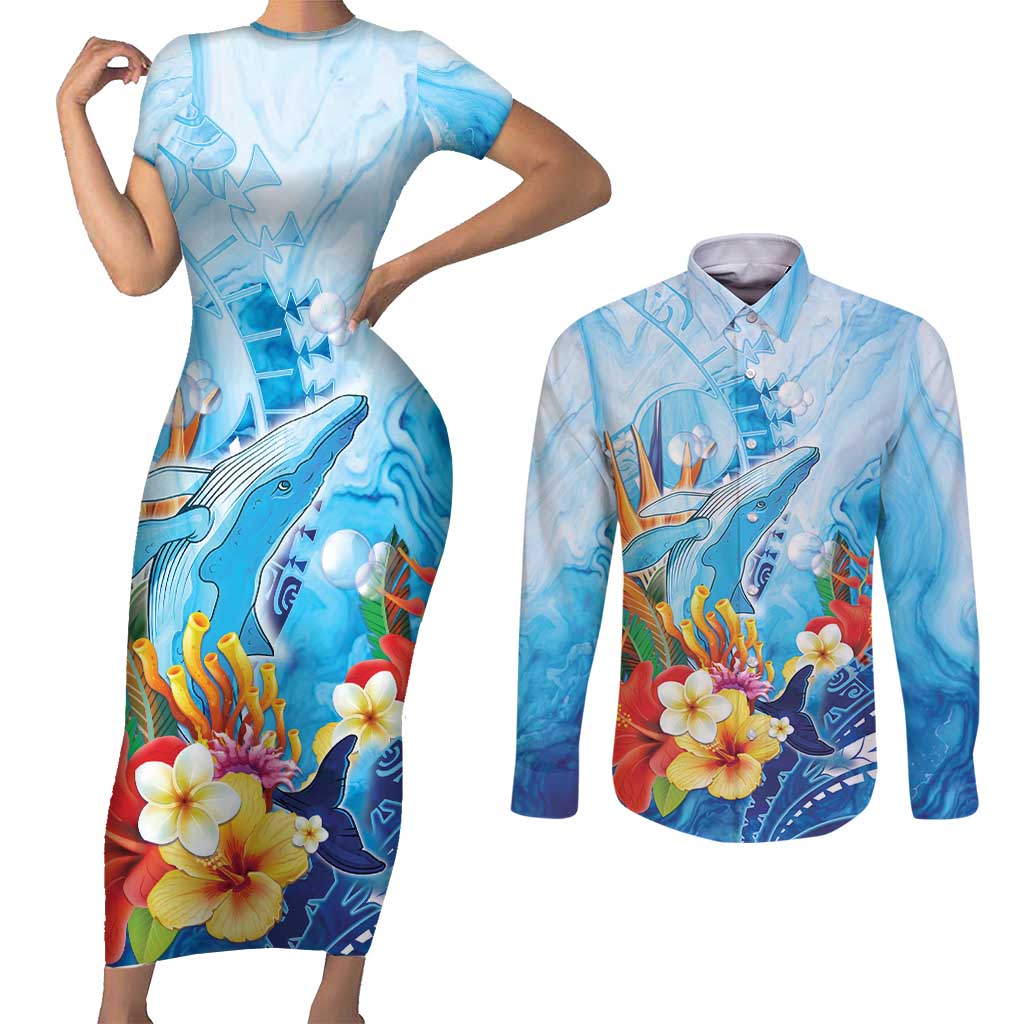 Polynesia Humpback Whale Couples Matching Short Sleeve Bodycon Dress and Long Sleeve Button Shirt Ocean Style